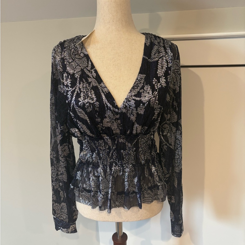 Brand new Metallic Navy Floral V-Neck Blouse